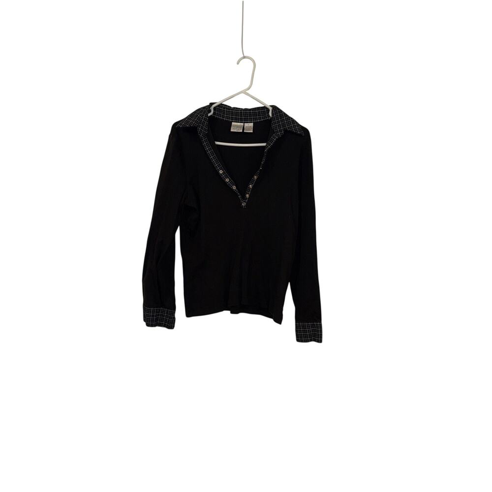black long-sleeved polo shirt with a plaid collar and cuffs Size XL